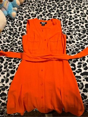 DKNY Bright Orange Sleeveless Button-Down Mini Dress